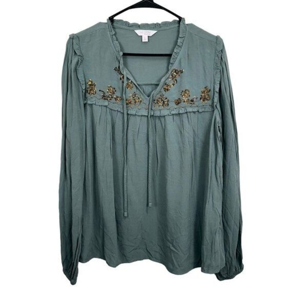 Lauren Conrad Women SZ L Pale Green Sequins Embroidered Long Sleeve Casual Top - Picture 12 of 12
